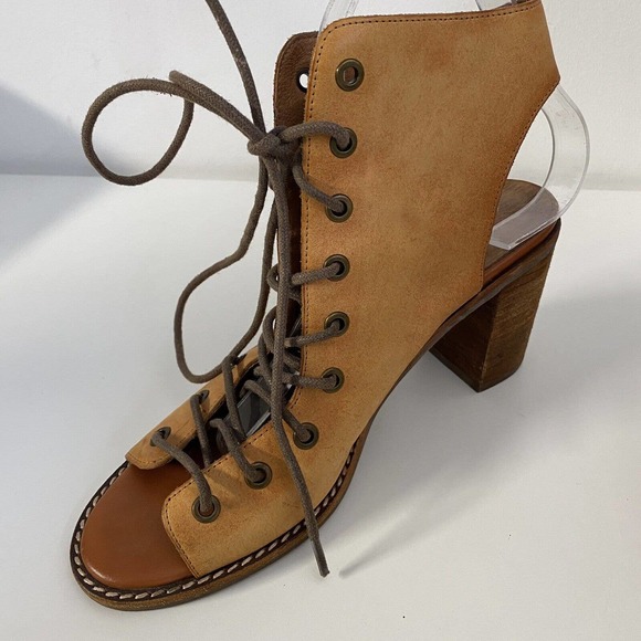 Jeffrey Campbell Free People Minimal Lace Up Bootie Sandal Cognac Leathe… - Picture 6 of 10